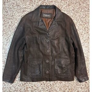 Oakwood Classic Mens Brown Leather Jacket Vintage Button Front Coat Large